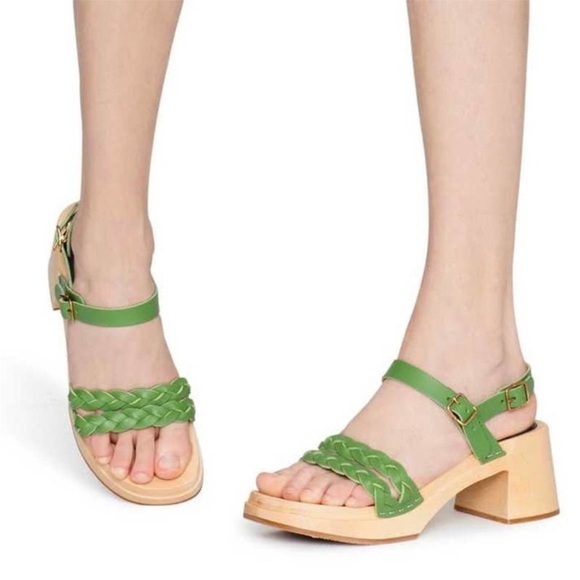 Swedish Hasbeens 60s Tanja Sandals in Green Leather Size 35 Us Size 5 - Picture 1 of 13